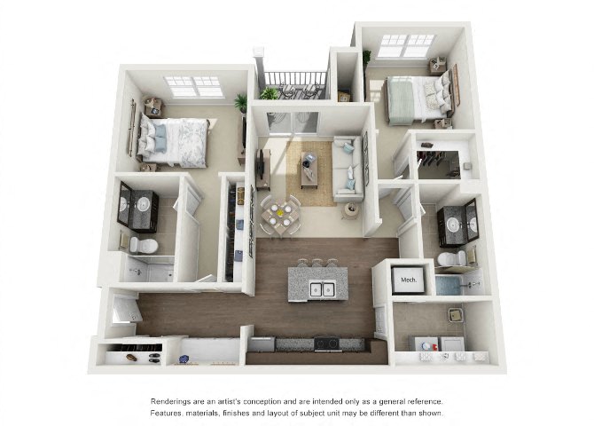 Floor plan for 2 beds, 2 baths, 1093 sqft